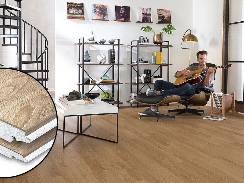 Pergo Comfort Core construction flooring in a rec room